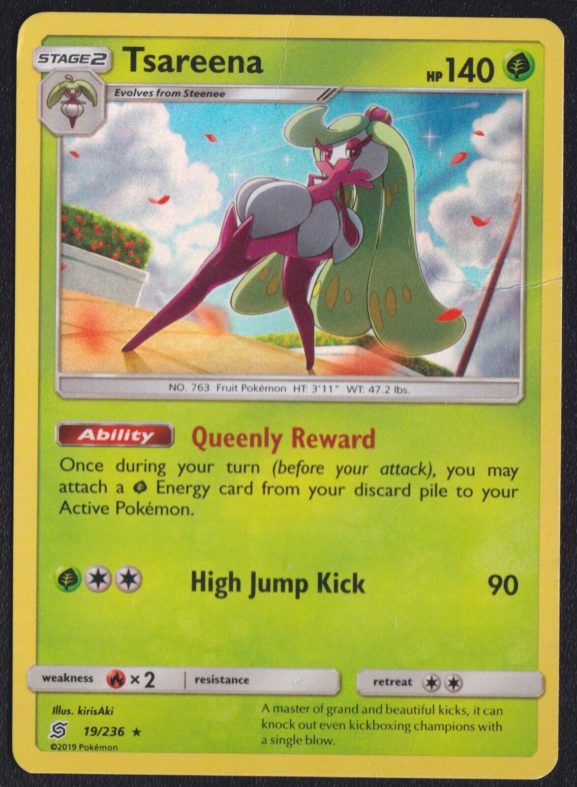 Tsareena 19/236 - POKEMON CARD ENGLISH UNIFIED MINDS HOLO RARE - DAMAGED