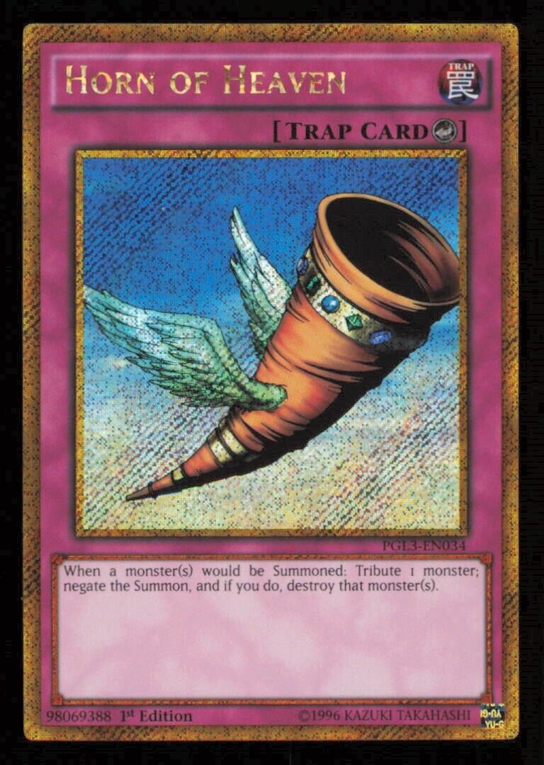 HORN OF HEAVEN PGL3-EN034 YUGIOH CARD ENGLISH HOLO GOLD SECRET RARE LP
