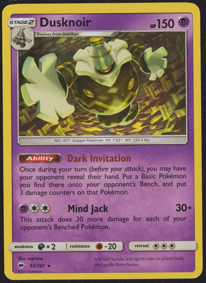 Dusknoir 53/147 R POKEMON CARD ENGLISH SM BURNING SHADOWS HOLO RARE LP