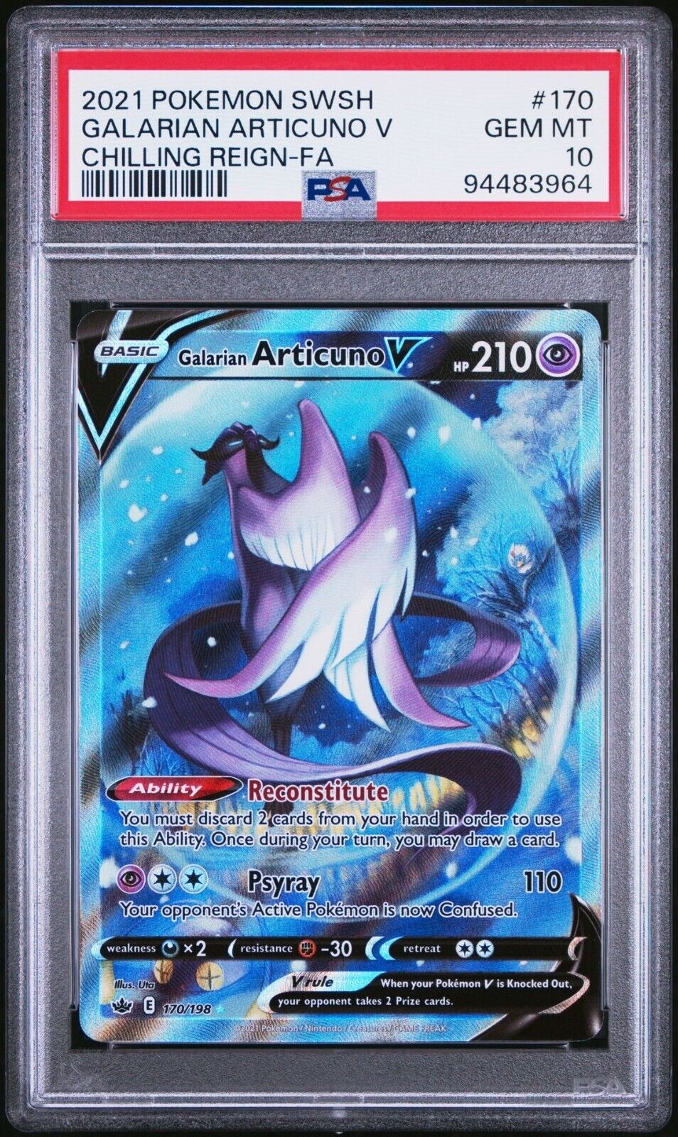 GALARIAN ARTICUNO V 170/198 PSA 10 POKEMON ENGLISH SWSH CHILLING REIGN ALT ART 