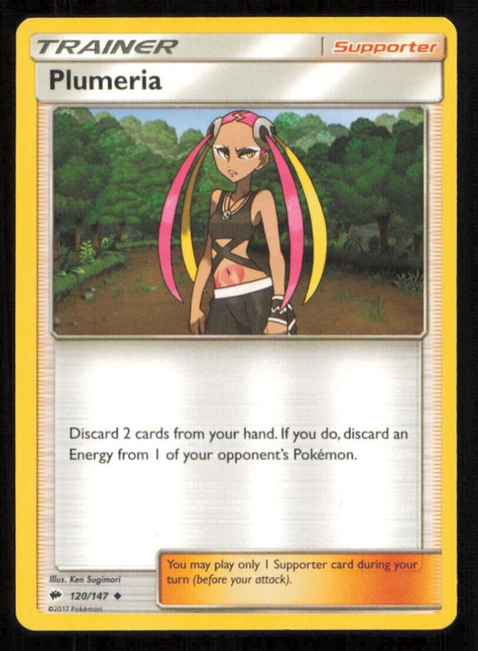 PLUMERIA 120/147 POKEMON CARD ENGLISH SM BURNING SHADOWS TRAINER NM