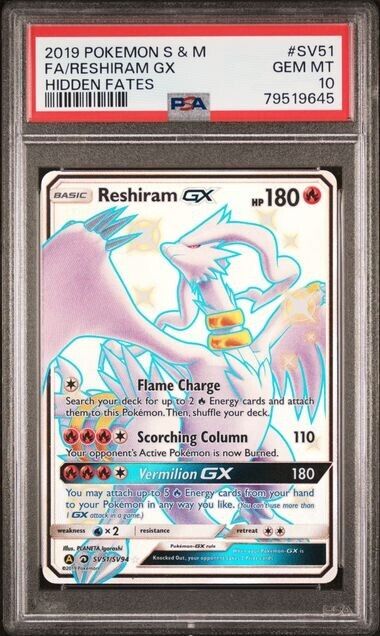 RESHIRAM GX SV51/SV94 PSA 10 POKEMON CARD ENGLISH SM HIDDEN FATES FULL ART SHINY