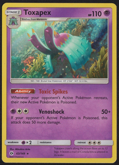 Toxapex 63/149 POKEMON CARD ENGLISH SUN AND MOON BASE SET HOLO RARE LP