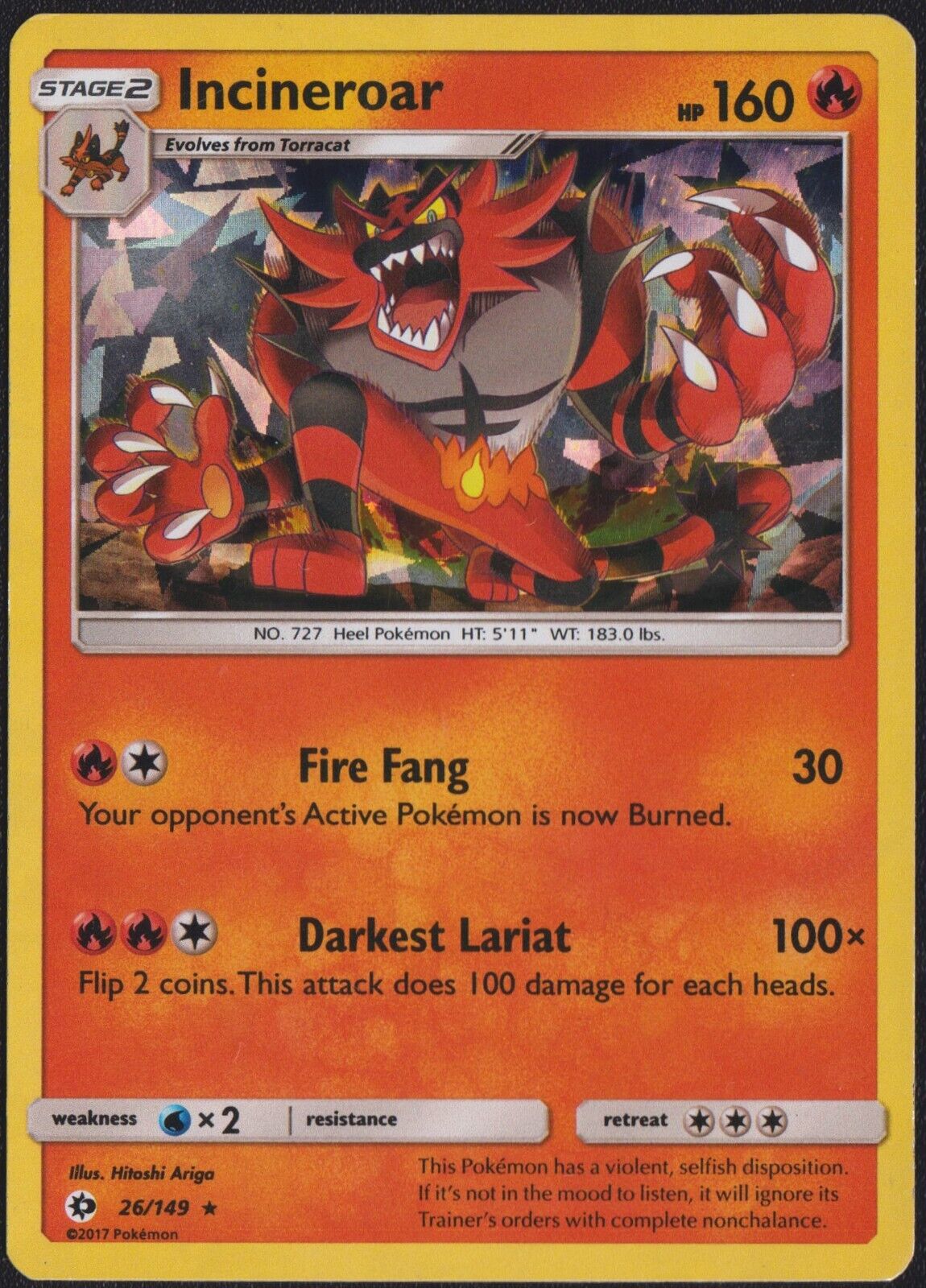 Incineroar 26/149 POKEMON CARD ENGLISH SUN & MOON CRACKED ICE HOLO RARE