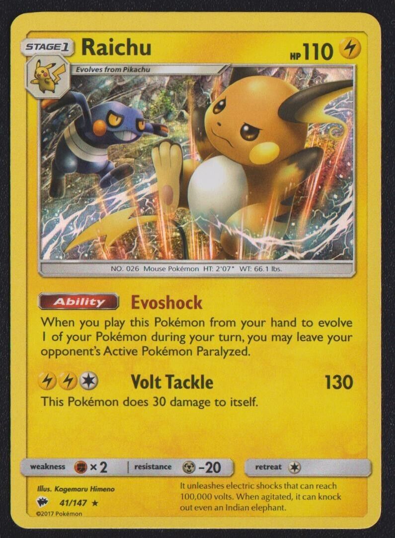 Raichu 41/147 R POKEMON CARD ENGLISH SUN & MOON BURNING SHADOWS HOLO RARELP+